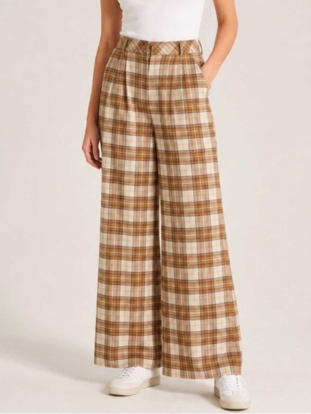 Hutch Metallic Plaid Wide Leg Trousers Brown Cream Size 8 25821